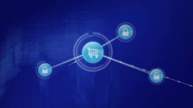 Dünya haritası üzerinde simgeler ve veri işleme bağlantılarının animasyonu. Küresel iş, bilgisayar, dijital arayüz, bağlantılar ve veri işleme kavramı dijital olarak oluşturuldu.