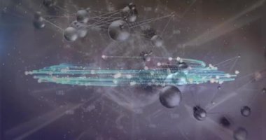 Birbirine bağlı halkaların animasyonu, soyut arkaplan üzerinde dünyanın etrafında dairesel hareket eden noktalar. Dijital olarak üretilen, hologram, illüstrasyon, iletişim ve küreselleşme kavramı.