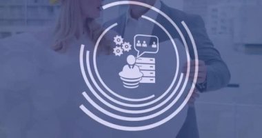 Kafkas mühendislerinin bina planlarını tartışırken daire yüklemedeki ikonun animasyonu. Dijital bileşik, çoklu pozlama, iş, ilerleme, planlama, takım çalışması, veri ve teknoloji.