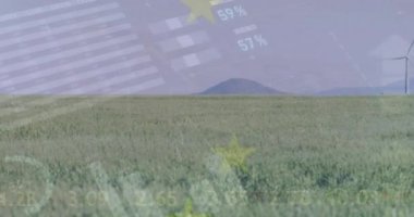 Finansal veri işleme bayrağının kırsal alandaki rüzgar türbinleri üzerinde canlandırılması. Küresel çevre, iş ve veri işleme kavramı dijital olarak oluşturulmuş video.