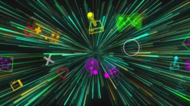 Video oyunu simgelerinin animasyonu ve siyah arkaplandaki neon ışık izleri. Genel video oyunu, hesaplama, veri işleme ve bağlantılar konsepti dijital olarak oluşturuldu.