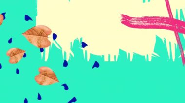 Yaprakların canlandırılması ve yeşil arka planda renkli şekiller. Soyut arkaplan ve şablon kavramı, dijital olarak oluşturulmuş video.