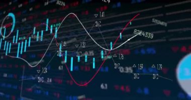 Şebeke üzerinde finansal veri işleme animasyonu. Küresel iş, bilgisayar, dijital arayüz, bağlantılar ve veri işleme kavramı dijital olarak oluşturuldu.