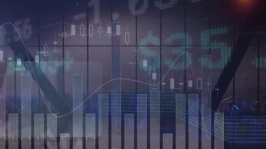 Birden fazla grafik ve para birimi işareti animasyonu. Pencere ve binalara karşı numaralar. Dijital bileşik, çoklu pozlama, finans, iş, rapor, ekonomi, şehir ve teknoloji kavramı.