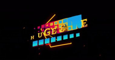 Mavi kareler ve siyah arkaplanda sarı şekiller üzerinde sarı büyük satış metinlerinin animasyonu. Satış, alışveriş, yazı, renk ve ışık konsepti dijital olarak oluşturulmuş video.