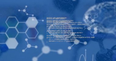 Laboratuvar üzerinde insan beyni ve bilimsel veri işleme animasyonu. Küresel bilim, bilgisayar ve veri işleme kavramı dijital olarak oluşturulmuş video.