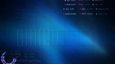 Finansal veri işleme animasyonu ve mavi arkaplan üzerindeki istatistikler. Küresel iş, finans, bilgisayar ve veri işleme kavramı dijital olarak oluşturulmuş video.