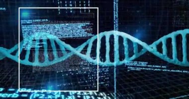 Siyah arkaplanda DNA ipliği üzerinde veri işleme animasyonu. Bilim, tıp ve veri işleme kavramı dijital olarak oluşturulmuş video.