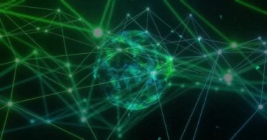 Işıklandırılmış noktaların animasyonu dünya üzerindeki çizgilerle siyah arkaplan arasında. Dijital olarak üretilmiş, hologram, illüstrasyon, küresel iletişim ve bağlantı kavramı.