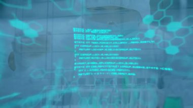 Laboratuvar üzerinde bilimsel veri işleme animasyonu. Küresel bilim, araştırma, bağlantılar, hesaplama ve veri işleme kavramı dijital olarak oluşturulmuş video.