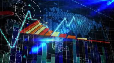 Dünya haritasında finansal veri işleme animasyonu. Küresel iş, bilgisayar, dijital arayüz, bağlantılar ve veri işleme kavramı dijital olarak oluşturuldu.
