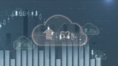 Çoklu grafik animasyonu, 0 'dan 100' e yükselen sayılı bulutlar, yukarı ok ve yüzde işaretleri. Dijital olarak üretilmiş, iş dünyası, rapor, bulut hesaplama, ilerleme, ağ ve teknoloji.
