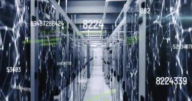 Bilgisayar dilinin animasyonu, veri sunucu sistemlerindeki bağlantı noktaları üzerinden numaraların değiştirilmesi. Dijital bileşik, işletme, büyüme, kodlama, programlama dili, veri merkezi, ağ, teknoloji.