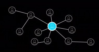 Siyah arkaplandaki bağlantı ağının animasyonu. Dijital olarak oluşturulan bilgisayar ve bağlantı konsepti.