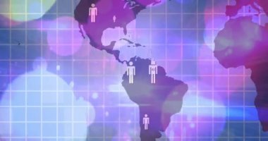 Beneklerin üzerinde insan simgeleri olan dünya haritasının animasyonu. Küresel iş ve teknoloji kavramı, dijital olarak üretilen video.