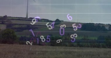 Rüzgâr türbini üzerinde finansal veri işleme animasyonu. Dijital olarak oluşturulan küresel finansman, enerji ve çevre konsepti.