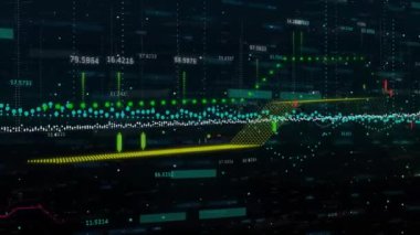 Karanlık arka planda finansal veri işleme animasyonu. Dijital olarak oluşturulmuş küresel bağlantılar, hesaplama ve veri işleme kavramı.