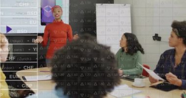 Çeşitli meslektaşların ofiste toplanması üzerine borsa animasyonu. İş, finans ve iletişim konsepti dijital olarak oluşturulmuş video.