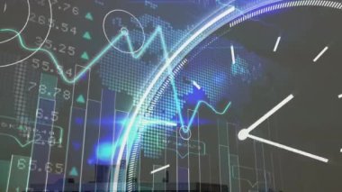Soyut arkaplan üzerinde numaralar, saat ve harita olan çizgi grafiğinin animasyonu. Dijital bileşik, çoklu pozlama, zaman, aciliyet, iş, rapor, ilerleme kavramı.