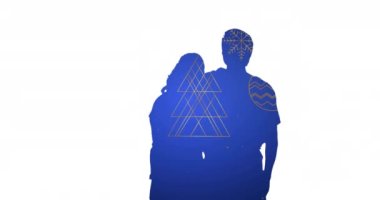 Üçgenlerin animasyonu, ağaçlar, gökteki ay, beyaz arka planda yan yana duran çiftlerin gölgesi. Dijital olarak üretilen hologram, illüstrasyon, birliktelik, doğa, şekil ve soyut kavram.