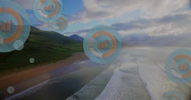 Manzara üzerinde diyagramları olan dairelerin animasyonu. Küresel finansman, iş ve doğa kavramı dijital olarak oluşturulmuş video.