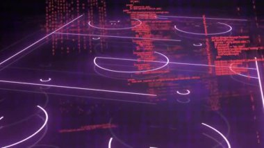 Mor arka planda spor alanında veri işleme animasyonu. Küresel spor, iş dünyası, ağlar, bağlantılar, hesaplama ve veri işleme kavramı dijital olarak oluşturulmuş video.