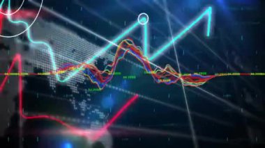 Karanlık arka planda finansal veri işleme animasyonu. Dijital olarak oluşturulmuş küresel bağlantılar, hesaplama ve veri işleme kavramı.