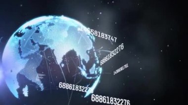 Işıklandırılmış dünyanın etrafındaki değişen sayıların ve dairelerin mercek fişekleri ile canlandırılması. Dijital olarak üretilen, illüstrasyon, hologram, iş, büyüme, şekil, kar ve küreselleşme kavramı.