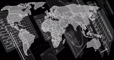 Animation of data processing over world map. Global business, finance, computing and data processing concept digitally generated video.