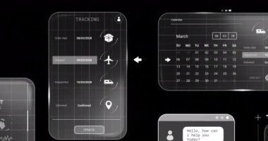 Siyah zemin üzerinde dijital arayüz ve veri işleme animasyonu. Dijital olarak oluşturulmuş istatistik, bilgisayar ve veri işleme kavramı.
