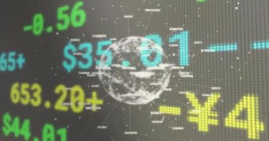 Dünyanın animasyonu ve ikonlar ve finansal veri işleme ağları. Küresel iş, bilgisayar, veri işleme ve bağlantılar konsepti dijital olarak oluşturulmuş video.