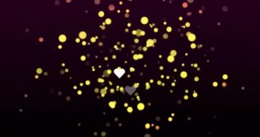 Siyah arka planda yüzen dairelerle kalp şekillerinin animasyonu. Dijital olarak üretilmiş, hologram, illüstrasyon, aydınlanma, sevgi, dekorasyon, ışıltı ve soyut konsept.