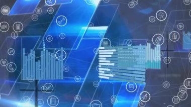 Ekranlarda veri işleme animasyonu. Küresel iş, bilgisayar, dijital arayüz, bağlantılar ve veri işleme kavramı dijital olarak oluşturuldu.