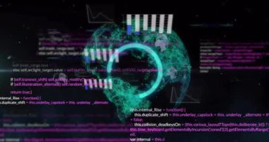 Siyah zemin üzerinde küresel ağ üzerinde grafik ve veri işleme animasyonları. Veri, küresel ağ, dijital arayüz, iş ve iletişim, dijital olarak oluşturulmuş video.