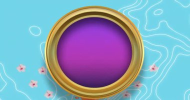 Mor dairenin altın çerçeveli animasyonu desenli mavi arka planda dönüyor. Şekil, renk ve hareket kavramı dijital olarak oluşturulmuş video.