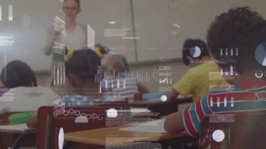 Grafiklerin animasyonu, ticaret kurulu, öğrencileri işaret eden ve soru soran çeşitli bayan öğretmenler. Dijital bileşik, çoklu pozlama, rapor, iş dünyası, borsa ve eğitim kavramı.