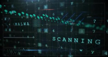 Güvenlik uyarısı üzerine veri işleme animasyonu. Dijital olarak oluşturulmuş küresel siber güvenlik, bilgisayar ve veri işleme kavramı.