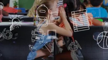 Okul simgelerinin sınıftaki çeşitli okul çocukları üzerinde canlandırılması. Küresel okul, eğitim, bağlantılar, hesaplama ve veri işleme kavramı dijital olarak oluşturulmuş video.