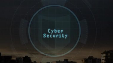 Şehir manzarası üzerinde asma kilit simgesiyle birlikte mikroskop işleme animasyonu. Küresel iş, bilgisayar, dijital arayüz, bağlantılar ve veri işleme kavramı dijital olarak oluşturuldu.