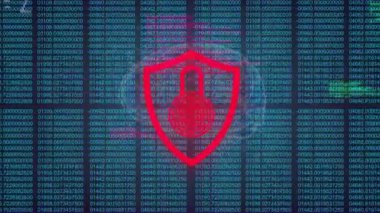 Matematiksel denklemlerin animasyonu, kalkandaki asma kilit ve siyah arkaplan üzerindeki sayıları değiştirmek. Dijital olarak üretilmiş, hologram, formül, eğitim, iş, büyüme ve koruma kavramı.