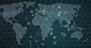 Siyah arkaplanda dünya haritasında simgelerin canlandırılması. Küresel iş, iletişim ve veri işleme kavramı dijital olarak oluşturulmuş video.