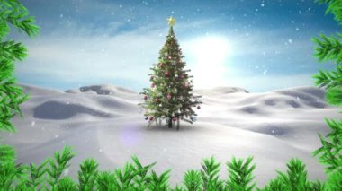 Kış manzarasında dalların ve karların süslenmiş Noel ağacının üzerine düşüşünün animasyonu. Noel şenliği ve kutlama konsepti