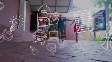 Okulda koşan çeşitli okul çocukları üzerinde eğitim okulu ikonlarının canlandırılması. Küresel eğitim, öğrenim ve ilkokul konsepti dijital olarak oluşturuldu.