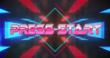 Neon desenli arkaplan üzerinden başlat metninin canlandırması. Küresel video oyunu, dijital arayüz, iletişim, bilgisayar ve veri işleme kavramı dijital olarak oluşturuldu.