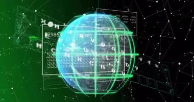 Değişen sayılar, grafikler, yükleme çubukları ve dünya üzerindeki bağlantılı noktaların animasyonu. Dijital olarak üretilen hologram, illüstrasyon, rapor, iş dünyası, büyüme, ilerleme, iletişim ve küreselleşme.