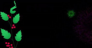 Ökseotu ve Noel çanı ikonu havai fişeklerin siyah arka planda patlaması. Noel şenliği ve kutlama konsepti