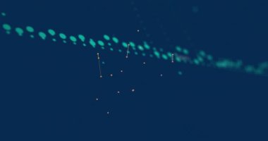 Bağlantı ağı üzerinden veri işleme animasyonu. Küresel iş, ağlar, bağlantılar, hesaplama ve veri işleme kavramı dijital olarak oluşturulmuş video.