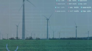 Grafiklerin animasyonu, daireler yüklemek ve gökyüzüne karşı çim biçen yel değirmeninin üzerinden ticaret yapmak. Dijital bileşik, çoklu pozlama, rapor, iş, büyüme, borsa, sürdürülebilir enerji.