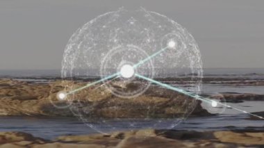 Verileri kıyı manzarası üzerinden aktaran bağlantı ağının animasyonu. Küresel iletişim, bağlantı, veri ve ağ oluşturma, dijital olarak oluşturulmuş video.