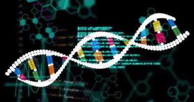 Siyah arkaplanda DNA ipliği üzerinde veri işleme animasyonu. Bilim, tıp ve veri işleme kavramı dijital olarak oluşturulmuş video.